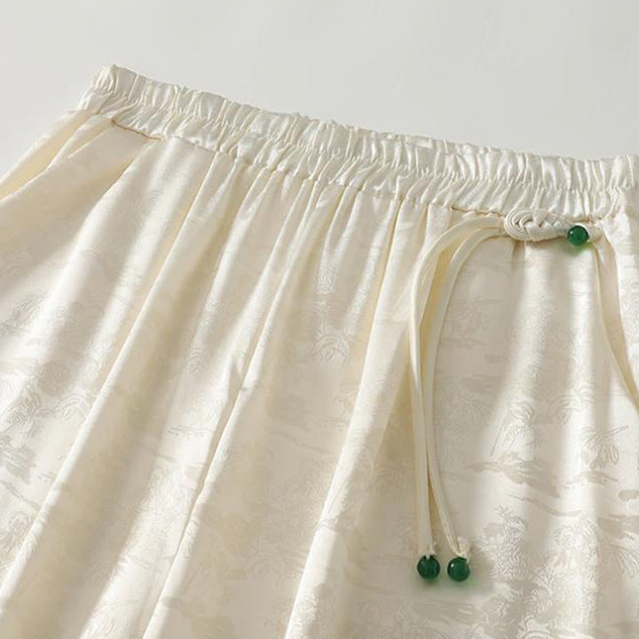 Buddha Stones Frühlings-Casual Jacquard-Hose aus Baumwolle und Leinen mit weitem Bein und Taschen
