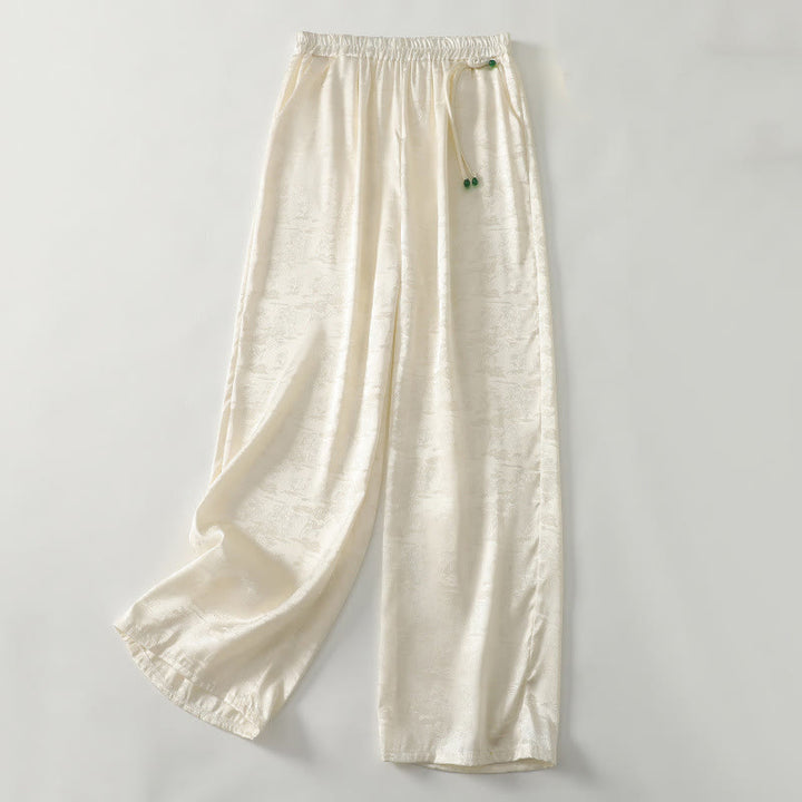 Buddha Stones Frühlings-Casual Jacquard-Hose aus Baumwolle und Leinen mit weitem Bein und Taschen