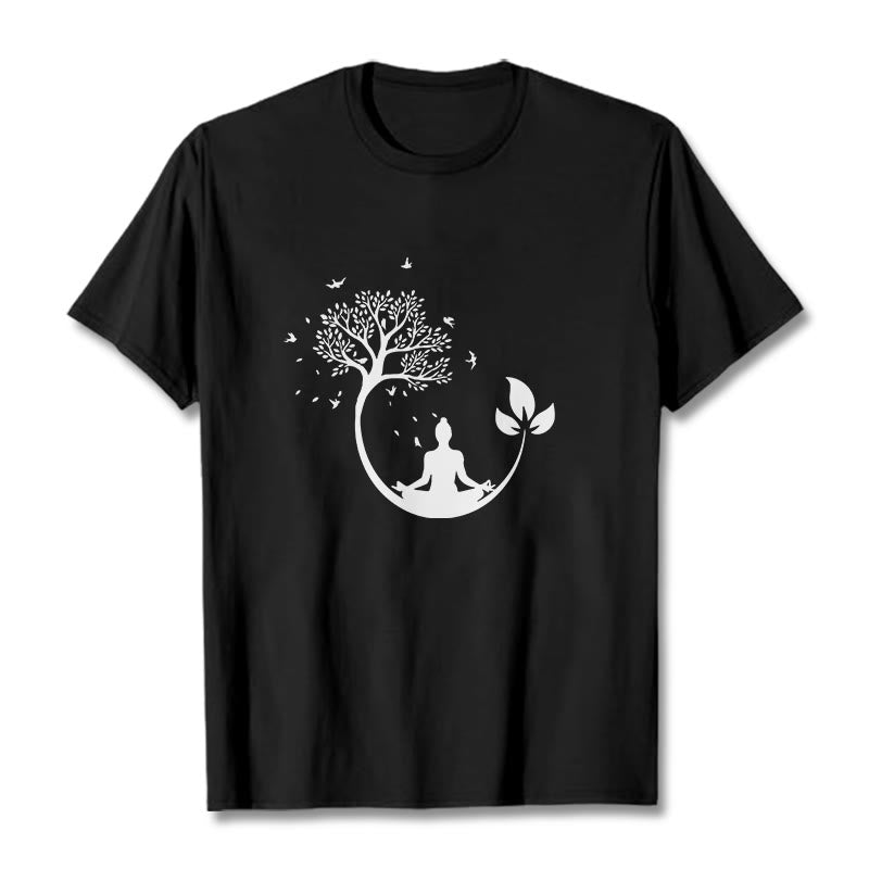 Buddha Stones Buddha meditiert in einem Baummuster Baumwoll-T-Shirt - Schwarz - 2XL - image 5