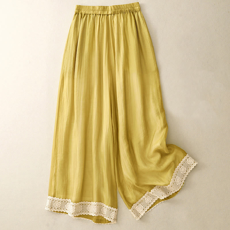Buddha Stones Frühlings-Vintage-beiläufige, einfarbige Spitze mit Patchwork-Manschetten, Damenhose aus Baumwollleinen mit weitem Bein und Taschen - Gold - US8-10, UK/AU12-14, EU40-42 (2XL) - image 0