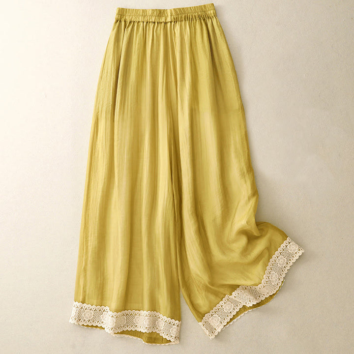 Buddha Stones Frühlings-Vintage-beiläufige, einfarbige Spitze mit Patchwork-Manschetten, Damenhose aus Baumwollleinen mit weitem Bein und Taschen - Gold - US8-10, UK/AU12-14, EU40-42 (2XL) - image 0