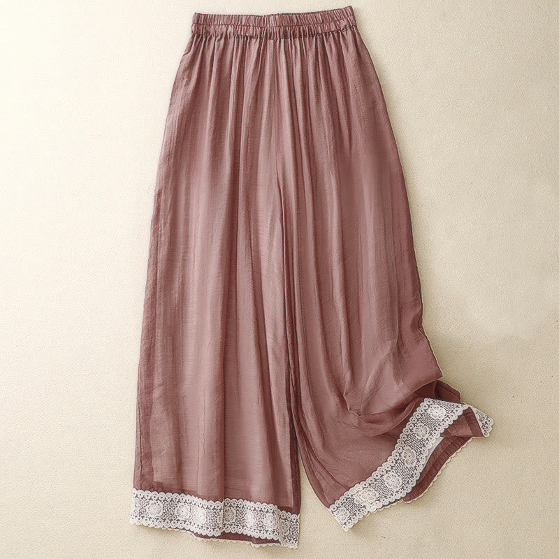 Buddha Stones Frühlings-Vintage-beiläufige, einfarbige Spitze mit Patchwork-Manschetten, Damenhose aus Baumwollleinen mit weitem Bein und Taschen - IndianRed - US8-10, UK/AU12-14, EU40-42 (2XL) - image 20