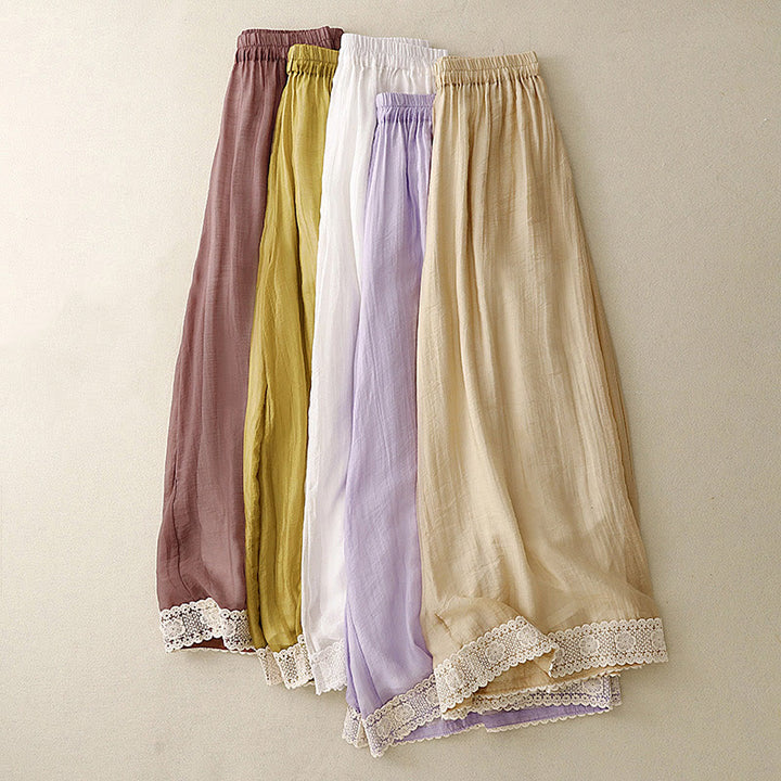 Buddha Stones Frühlings-Vintage-beiläufige, einfarbige Spitze mit Patchwork-Manschetten, Damenhose aus Baumwollleinen mit weitem Bein und Taschen - image 26