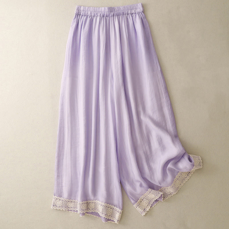 Buddha Stones Frühlings-Vintage-beiläufige, einfarbige Spitze mit Patchwork-Manschetten, Damenhose aus Baumwollleinen mit weitem Bein und Taschen - Lavendel - US8-10, UK/AU12-14, EU40-42 (2XL) - image 17