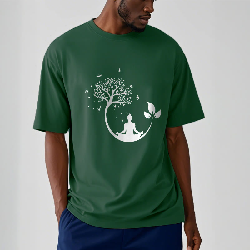 Buddha Stones Buddha meditiert in einem Baummuster Baumwoll-T-Shirt - image 11