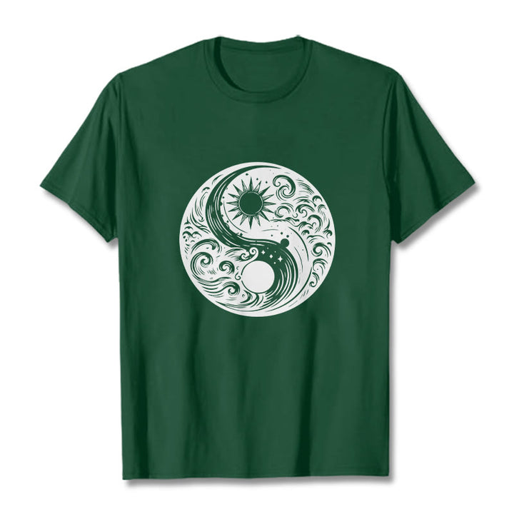 Buddha Stones ​​Sonne Mond Wellen Yin Yang Muster Baumwolle T-Shirt - WaldGrün - 2XL - image 11