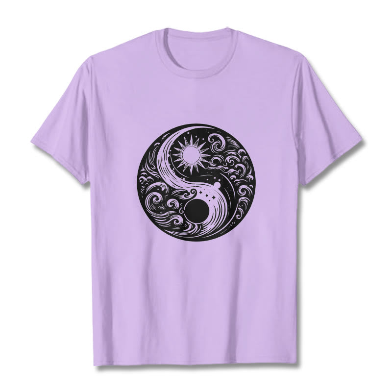 Buddha Stones ​​Sonne Mond Wellen Yin Yang Muster Baumwolle T-Shirt - Pflaume - 2XL - image 17
