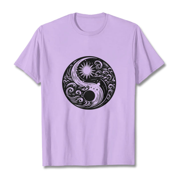 Buddha Stones ​​Sonne Mond Wellen Yin Yang Muster Baumwolle T-Shirt - Pflaume - 2XL - image 17
