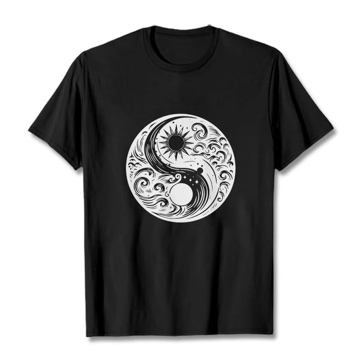 Buddha Stones ​​Sonne Mond Wellen Yin Yang Muster Baumwolle T-Shirt - Schwarz - 2XL - image 4