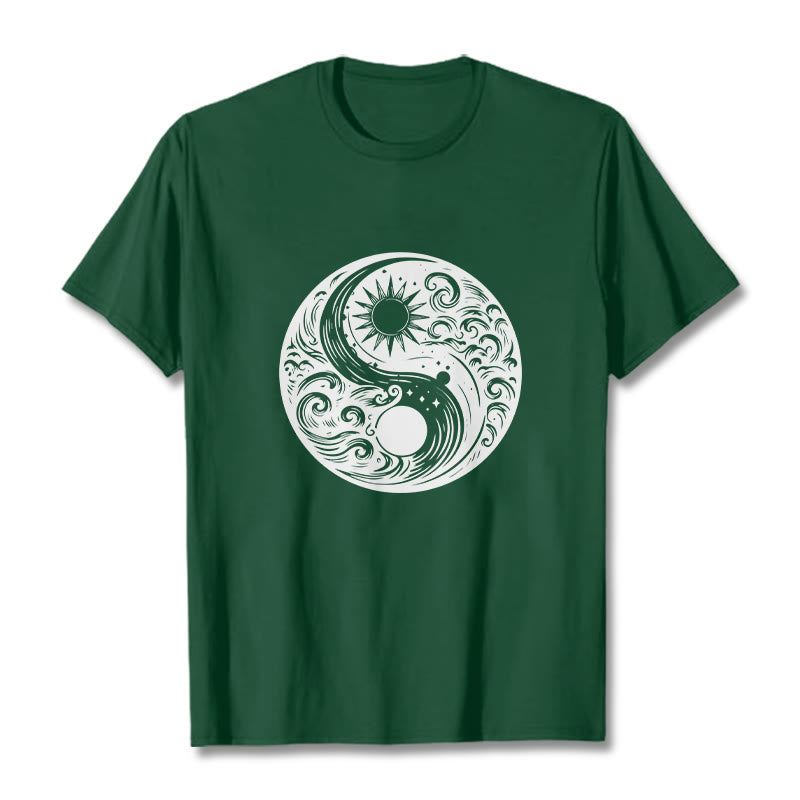 Buddha Stones ​​Sonne Mond Wellen Yin Yang Muster Baumwolle T-Shirt - Waldgrün - 2XL - image 10