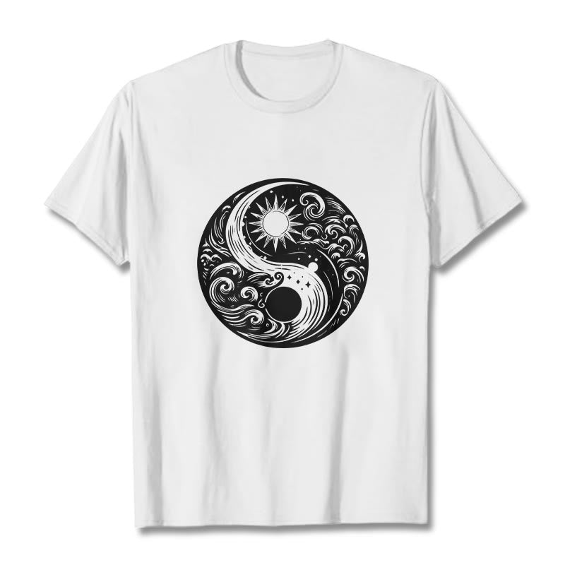 Buddha Stones ​​Sonne Mond Wellen Yin Yang Muster Baumwolle T-Shirt - Weiß - 2XL - image 1