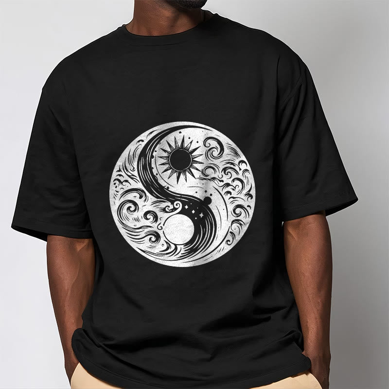 Buddha Stones ​​Sonne Mond Wellen Yin Yang Muster Baumwolle T-Shirt - image 5
