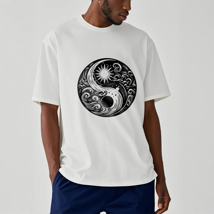 Buddha Stones ​​Sonne Mond Wellen Yin Yang Muster Baumwolle T-Shirt - image 2