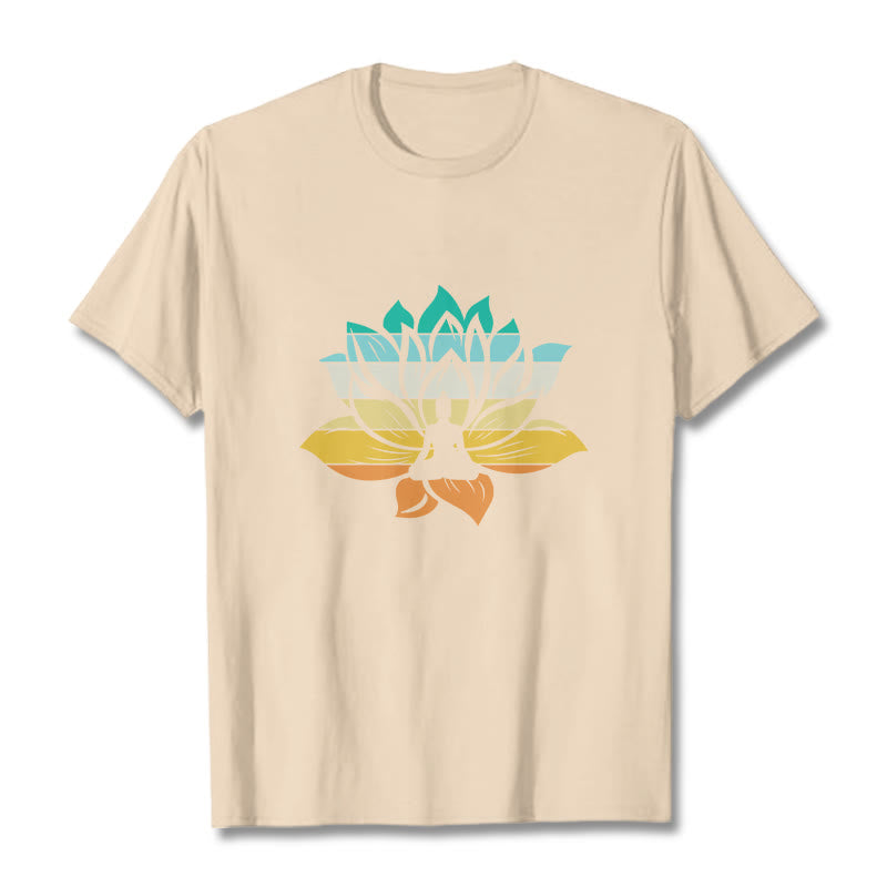 Buddha Stones Farbverlaufsfarbenes Lotusblüten-Buddha-Meditations-Baumwoll-T-Shirt - Bisque - 2XL - image 9