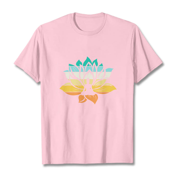 Buddha Stones Farbverlaufsfarbenes Lotusblüten-Buddha-Meditations-Baumwoll-T-Shirt - Hellrosa - 2XL - image 12