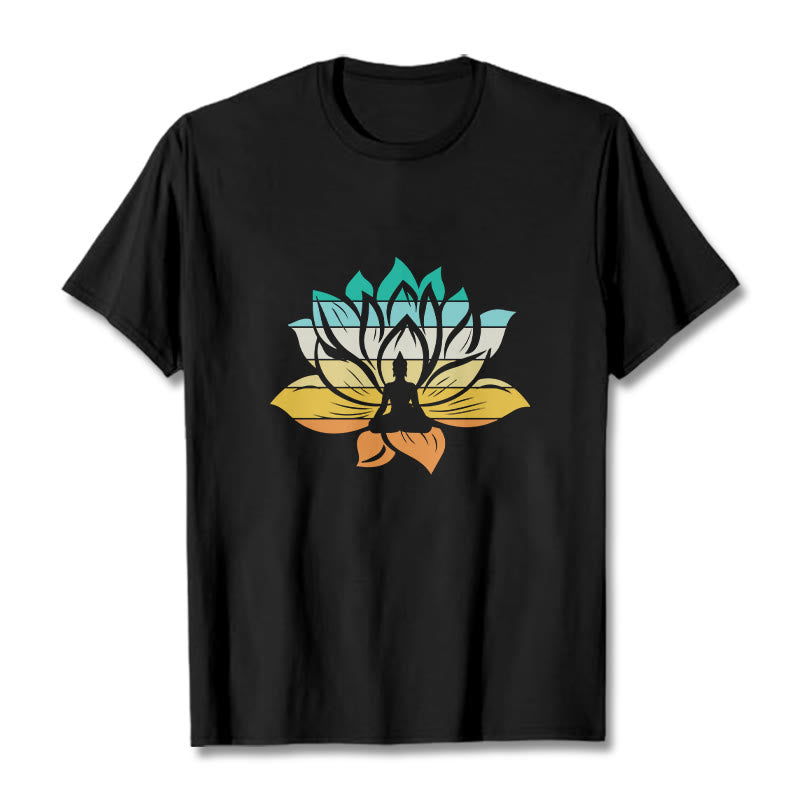 Buddha Stones Farbverlaufsfarbenes Lotusblüten-Buddha-Meditations-Baumwoll-T-Shirt - Schwarz - 2XL - image 1