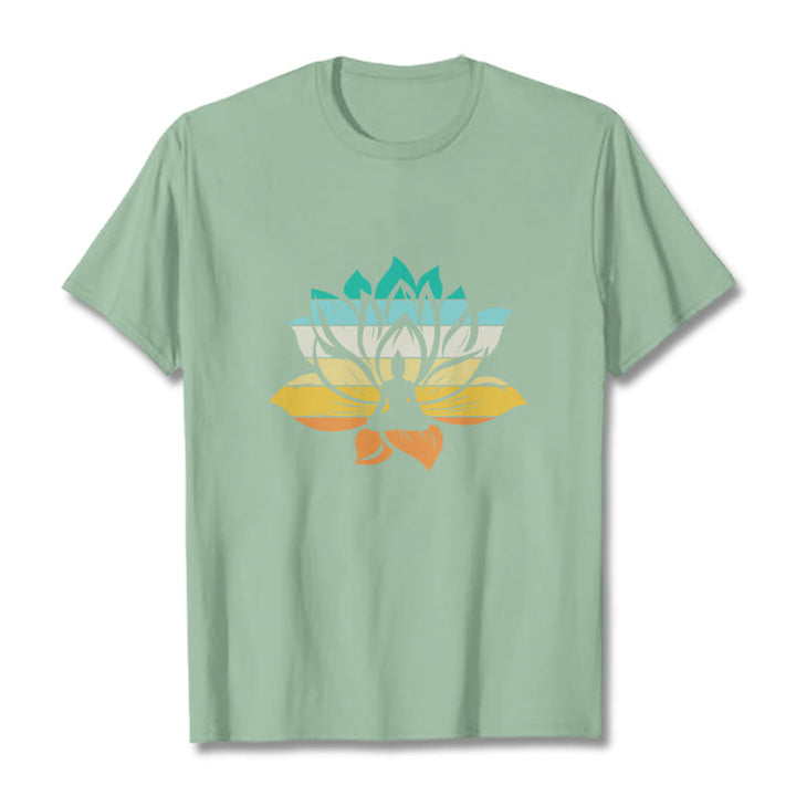 Buddha Stones Farbverlaufsfarbenes Lotusblüten-Buddha-Meditations-Baumwoll-T-Shirt - Hellgrün - 2XL - image 14