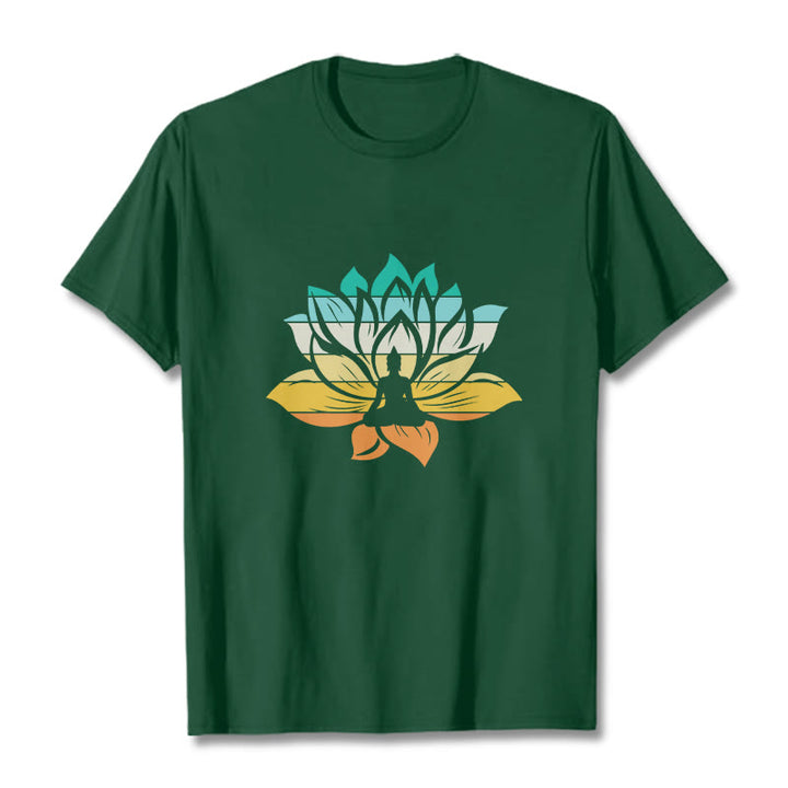 Buddha Stones Farbverlaufsfarbenes Lotusblüten-Buddha-Meditations-Baumwoll-T-Shirt - Waldgrün - 2XL - image 10