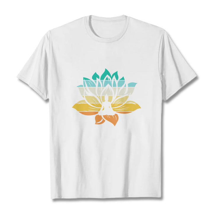 Buddha Stones Farbverlaufsfarbenes Lotusblüten-Buddha-Meditations-Baumwoll-T-Shirt - Weiß - 2XL - image 5