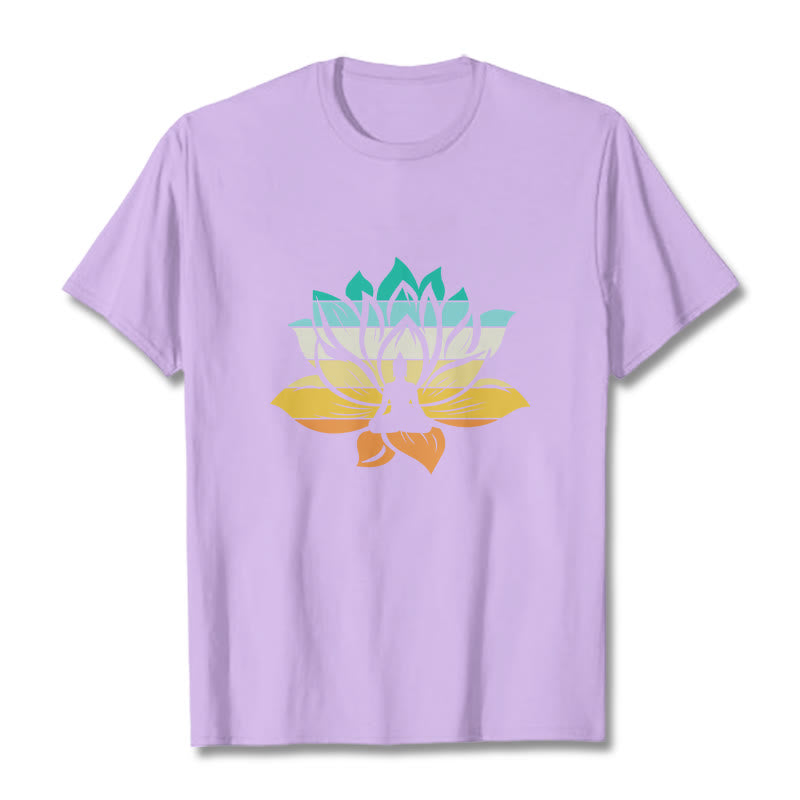 Buddha Stones Farbverlaufsfarbenes Lotusblüten-Buddha-Meditations-Baumwoll-T-Shirt - Pflaume - 2XL - image 17