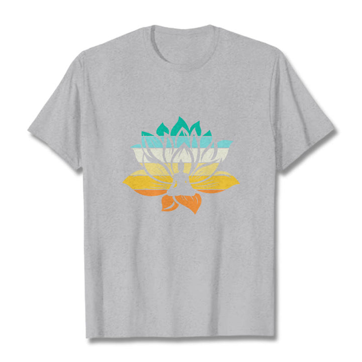 Buddha Stones Farbverlaufsfarbenes Lotusblüten-Buddha-Meditations-Baumwoll-T-Shirt - Hellgrau - 2XL - image 20