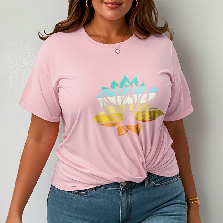 Buddha Stones Farbverlaufsfarbenes Lotusblüten-Buddha-Meditations-Baumwoll-T-Shirt - image 13