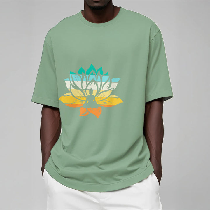 Buddha Stones Farbverlaufsfarbenes Lotusblüten-Buddha-Meditations-Baumwoll-T-Shirt - image 15