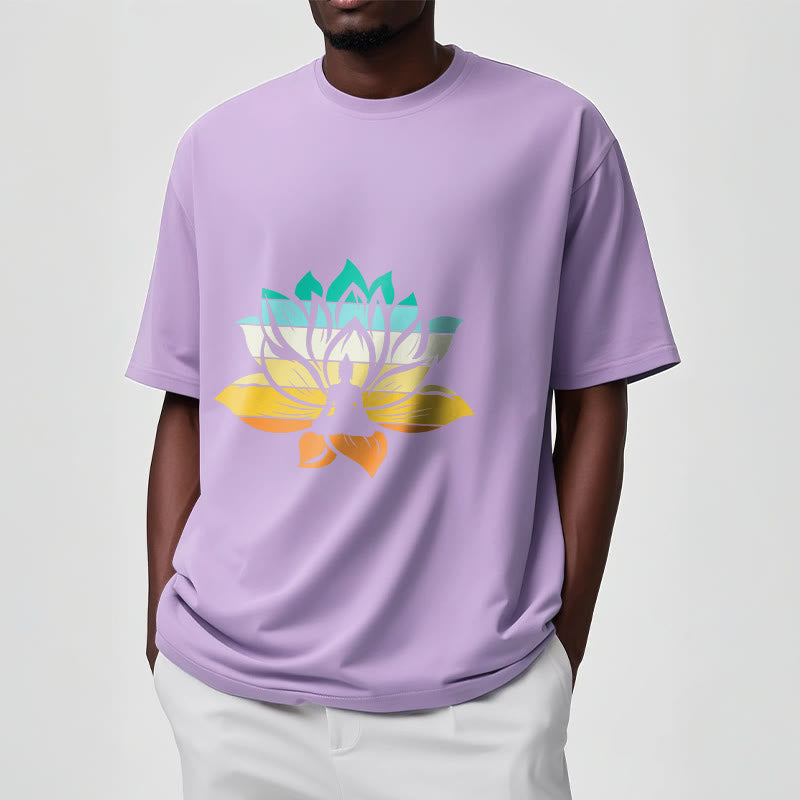 Buddha Stones Farbverlaufsfarbenes Lotusblüten-Buddha-Meditations-Baumwoll-T-Shirt - image 17
