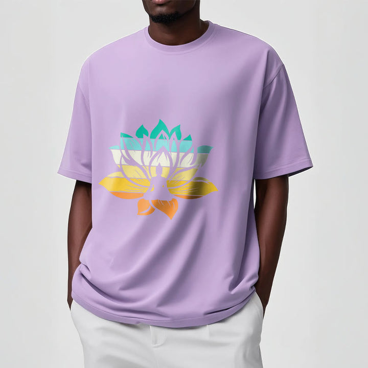Buddha Stones Farbverlaufsfarbenes Lotusblüten-Buddha-Meditations-Baumwoll-T-Shirt - image 17