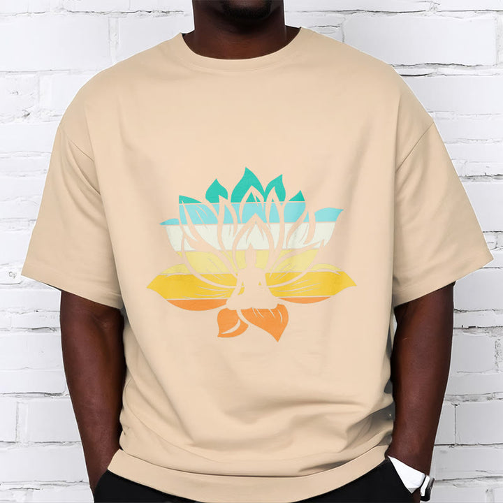 Buddha Stones Farbverlaufsfarbenes Lotusblüten-Buddha-Meditations-Baumwoll-T-Shirt - image 9