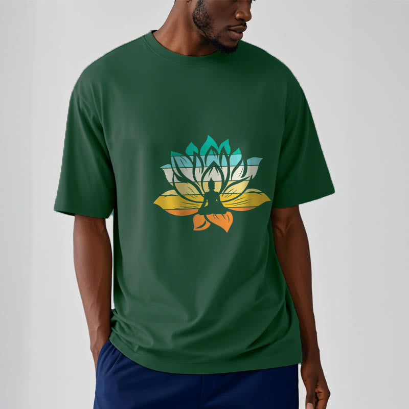 Buddha Stones Farbverlaufsfarbenes Lotusblüten-Buddha-Meditations-Baumwoll-T-Shirt - image 12