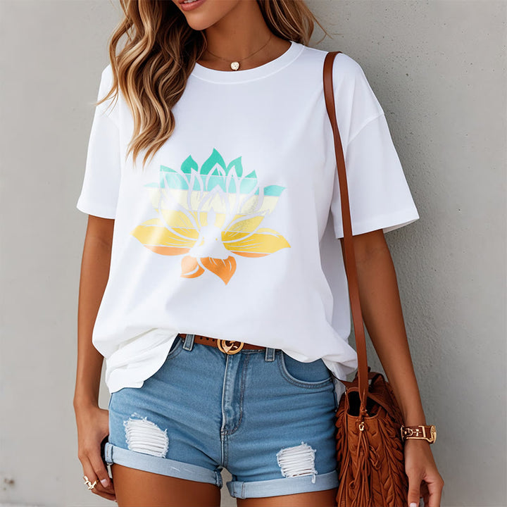 Buddha Stones Farbverlaufsfarbenes Lotusblüten-Buddha-Meditations-Baumwoll-T-Shirt - image 8