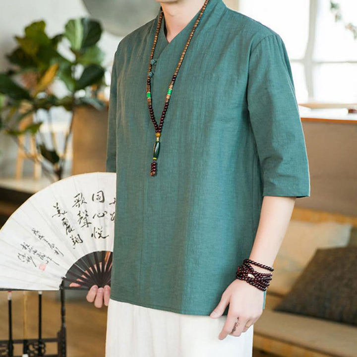 Buddha Stones Sommer Vintage Einfarbiges Herrenhemd aus Baumwolle mit Dreiviertelärmeln und Froschknopf-Design - Dunkelcyan - US/ UK/AU46, EU56 (5XL) - image 0