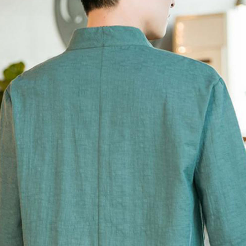 Buddha Stones Sommer Vintage Einfarbiges Herrenhemd aus Baumwolle mit Dreiviertelärmeln und Froschknopf-Design - image 7