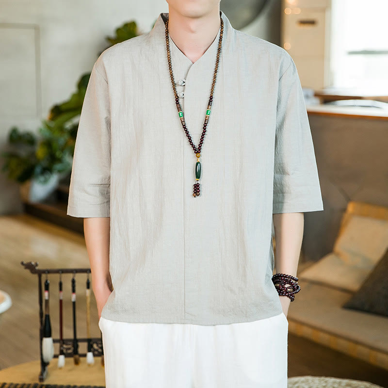 Buddha Stones Sommer Vintage Einfarbiges Herrenhemd aus Baumwolle mit Dreiviertelärmeln und Froschknopf-Design - image 9