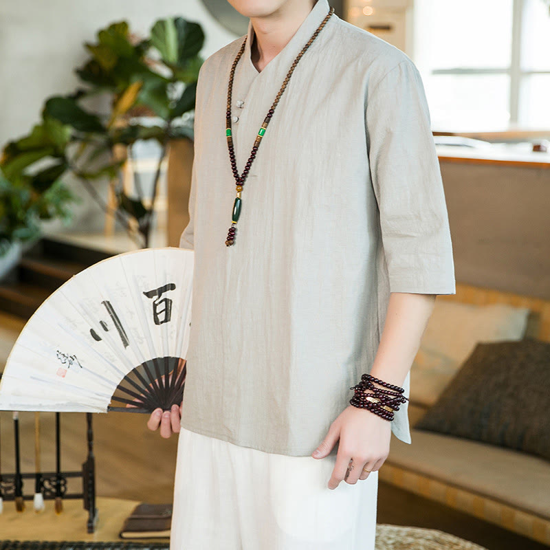 Buddha Stones Sommer Vintage Einfarbiges Herrenhemd aus Baumwolle mit Dreiviertelärmeln und Froschknopf-Design - image 11