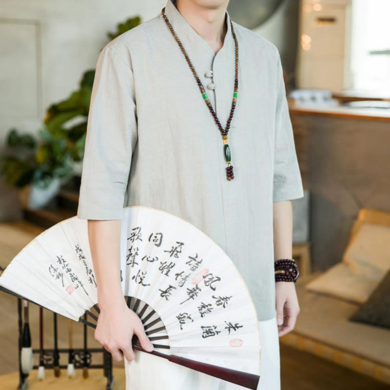 Buddha Stones Sommer Vintage Einfarbiges Herrenhemd aus Baumwolle mit Dreiviertelärmeln und Froschknopf-Design - image 12