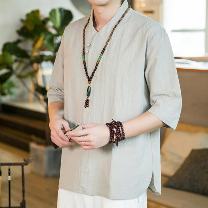 Buddha Stones Sommer Vintage Einfarbiges Herrenhemd aus Baumwolle mit Dreiviertelärmeln und Froschknopf-Design - image 10