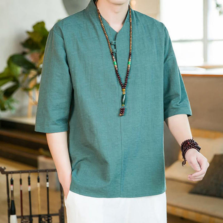 Buddha Stones Sommer Vintage Einfarbiges Herrenhemd aus Baumwolle mit Dreiviertelärmeln und Froschknopf-Design - image 4