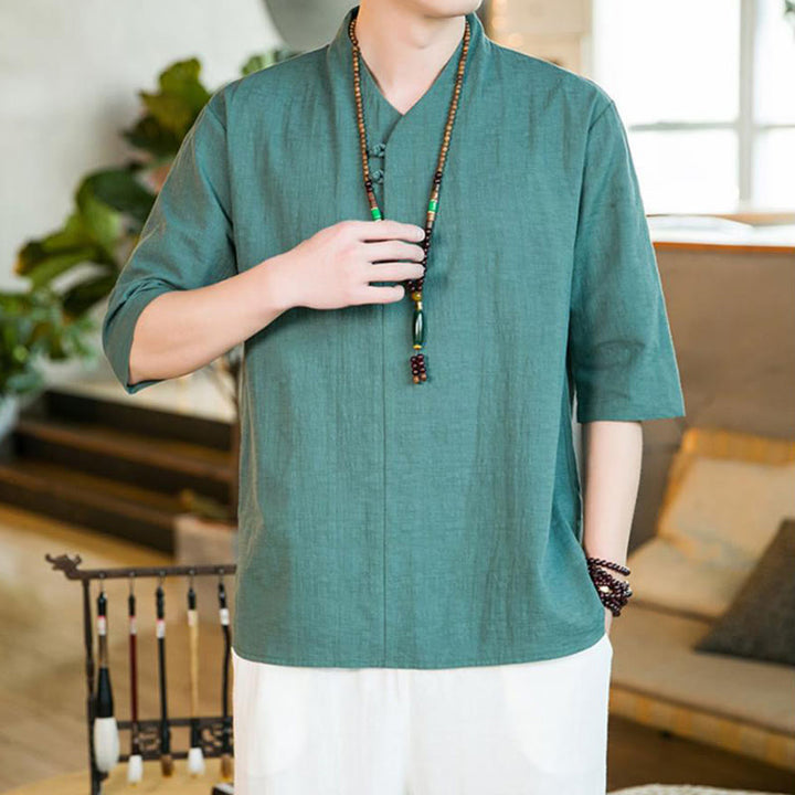 Buddha Stones Sommer Vintage Einfarbiges Herrenhemd aus Baumwolle mit Dreiviertelärmeln und Froschknopf-Design - image 3