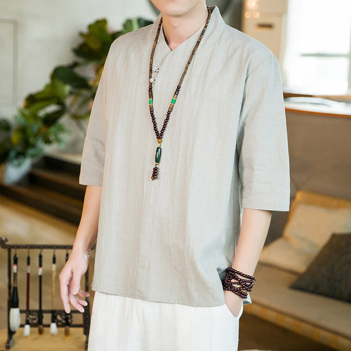 Buddha Stones Sommer Vintage Einfarbiges Herrenhemd aus Baumwolle mit Dreiviertelärmeln und Froschknopf-Design - Dunkelseegrün - US/ UK/AU46, EU56 (5XL) - image 8