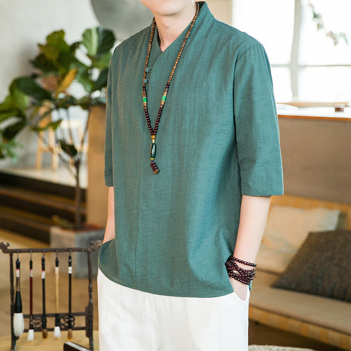 Buddha Stones Sommer Vintage Einfarbiges Herrenhemd aus Baumwolle mit Dreiviertelärmeln und Froschknopf-Design - image 2