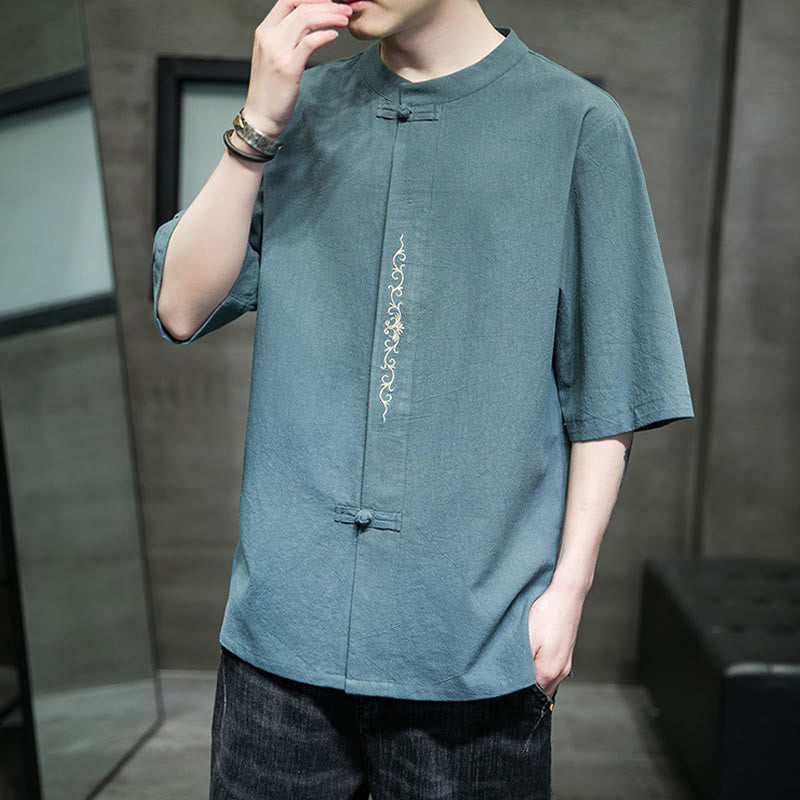 Buddha Stones Lässige, einfarbige Strickjacke mit Froschknopf-Stickerei aus Baumwollleinen für Herren - image 4