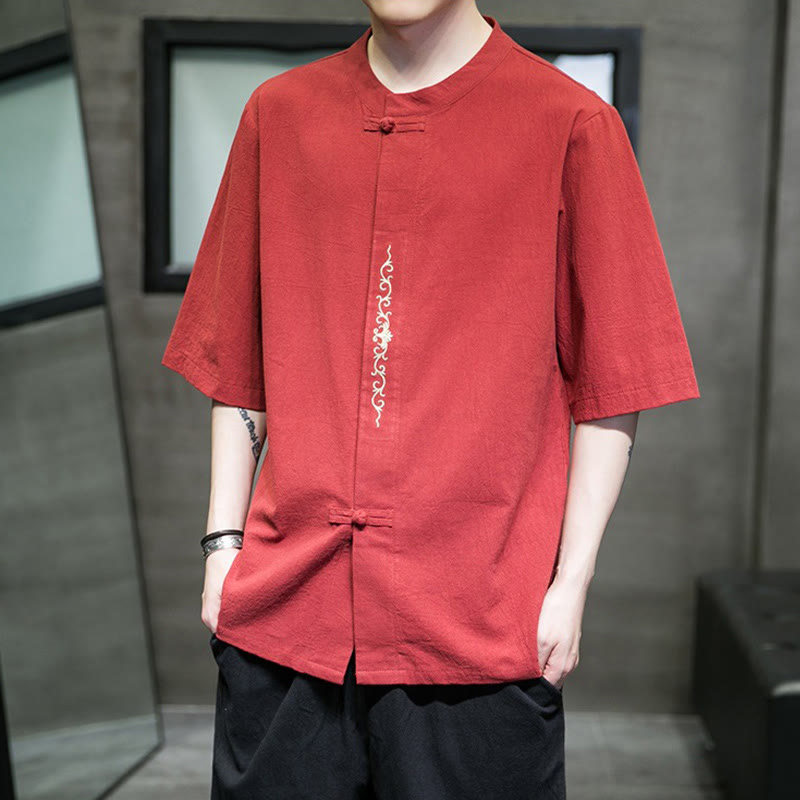 Buddha Stones Lässige, einfarbige Strickjacke mit Froschknopf-Stickerei aus Baumwollleinen für Herren - image 13