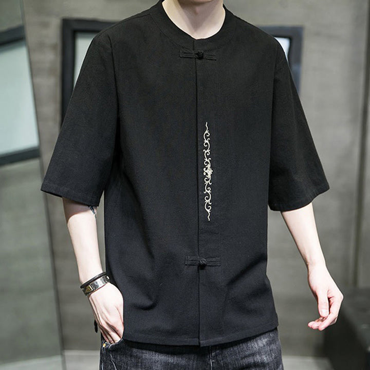 Buddha Stones Lässige, einfarbige Strickjacke mit Froschknopf-Stickerei aus Baumwollleinen für Herren - image 23