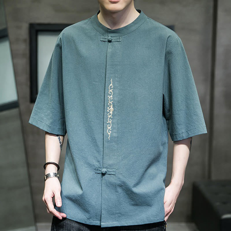 Buddha Stones Lässige, einfarbige Strickjacke mit Froschknopf-Stickerei aus Baumwollleinen für Herren - image 7