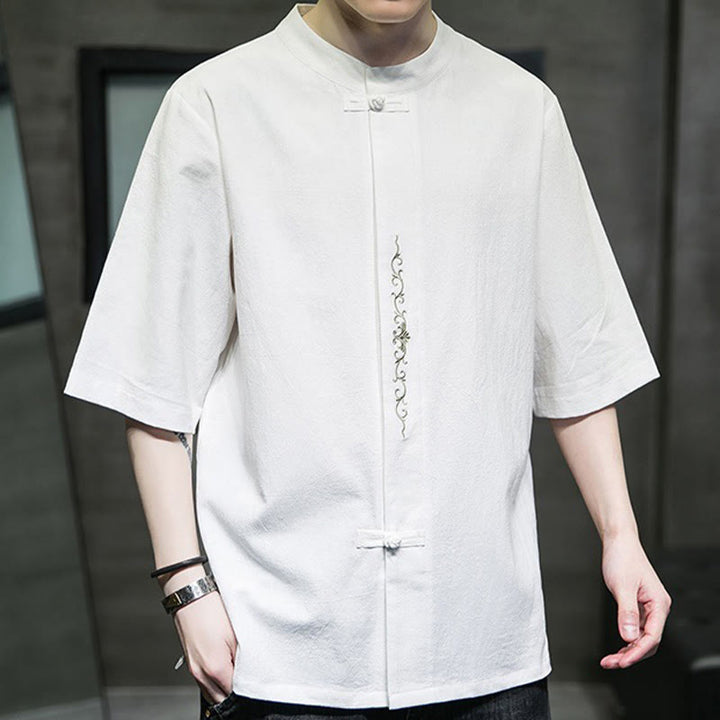 Buddha Stones Lässige, einfarbige Strickjacke mit Froschknopf-Stickerei aus Baumwollleinen für Herren - image 28