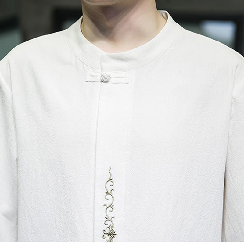 Buddha Stones Lässige, einfarbige Strickjacke mit Froschknopf-Stickerei aus Baumwollleinen für Herren - image 30