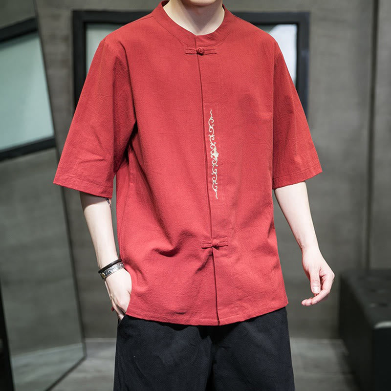 Buddha Stones Lässige, einfarbige Strickjacke mit Froschknopf-Stickerei aus Baumwollleinen für Herren - image 10