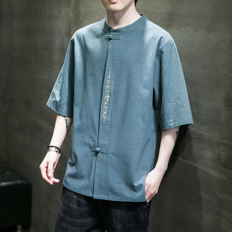 Buddha Stones Lässige, einfarbige Strickjacke mit Froschknopf-Stickerei aus Baumwollleinen für Herren - image 1